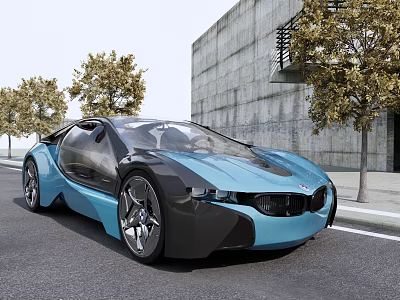 Blue Sports Car With Modern Concept Design Parked Near Modern Building And Trees On Roadside 3d model