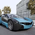 Blue Sports Car With Modern Concept Design Parked Near Modern Building And Trees On Roadside