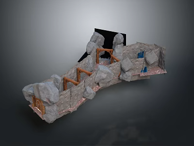 Rocky Structure Model With Wooden Frames And Blue Elements In Stone Formation 3d model