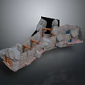 Rocky Structure Model With Wooden Frames And Blue Elements In Stone Formation