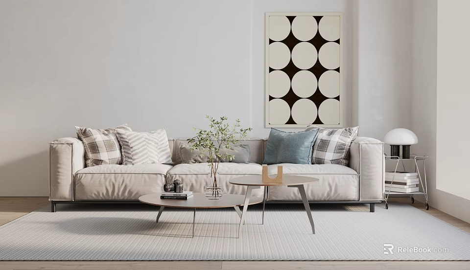 Modern Three Seater Sofa With Pillows And Coffee Table In Living Room With Wall Art 3d model 