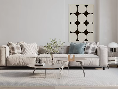 Modern Three Seater Sofa With Pillows And Coffee Table In Living Room With Wall Art 3d model