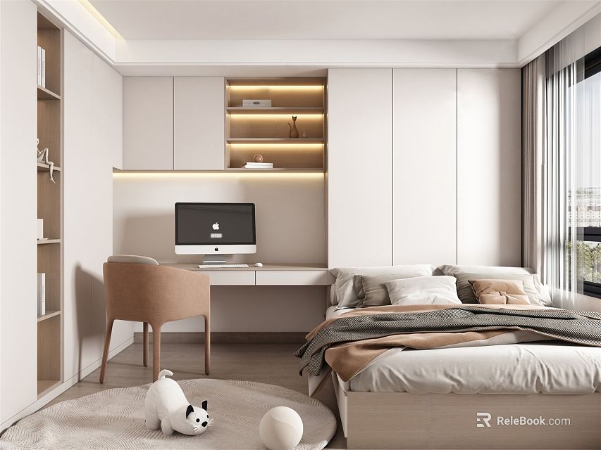 Minimalist Modern Tatami Bedroom with Desk Computer Window and Built in Bookshelves 3d model 