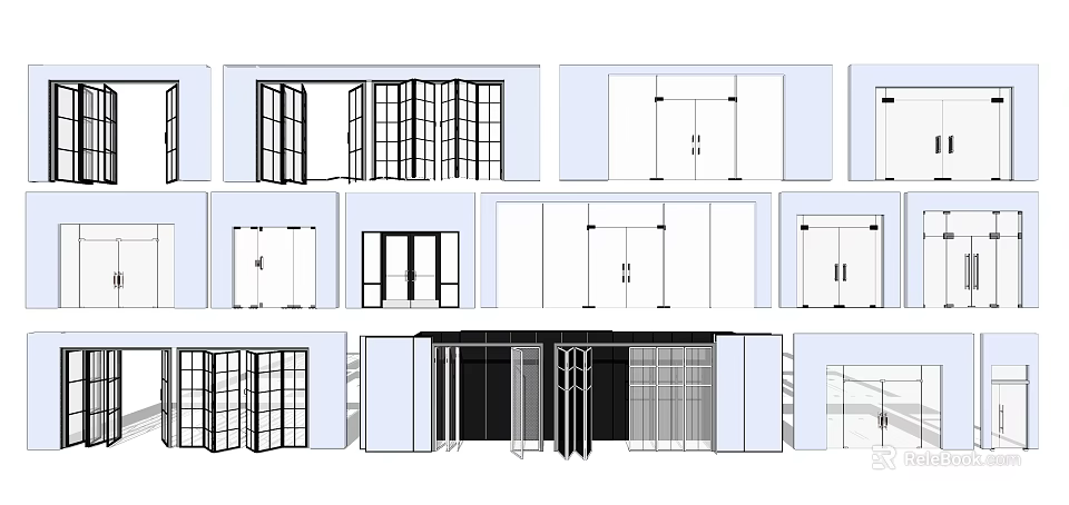 Various Folding Door Designs With Glass Panels And Interior Partition Styles 3d model