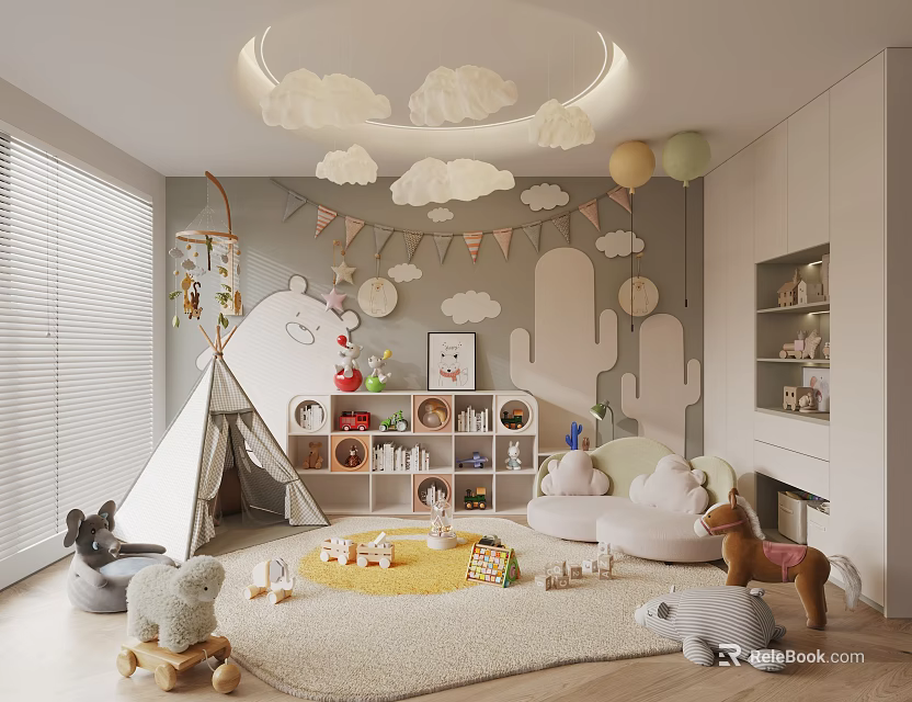 Kids Room Interior With Cloud Shaped Lamp Teepee Tent Stuffed Animals And Wall Decor 3d model 