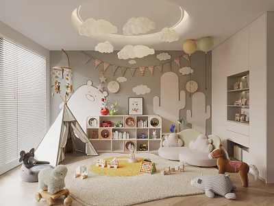 Kids Room Interior With Cloud Shaped Lamp Teepee Tent Stuffed Animals And Wall Decor 3d model