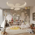 Kids Room Interior With Cloud Shaped Lamp Teepee Tent Stuffed Animals And Wall Decor