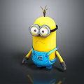 Yellow Minion Character With Goggles Blue Overalls And Serious Expression On Gray Background
