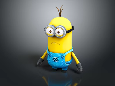 Yellow Minion Character With Goggles Blue Overalls And Serious Expression On Gray Background 3d model