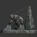 Fantasy Mechanical Sculpture With Red Ring Top And Green Mossy Base And Decorative Details
