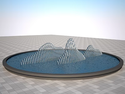 Decorative Garden Ornament Featuring Circular Pool With Wavy Metal Water Structures 3d model