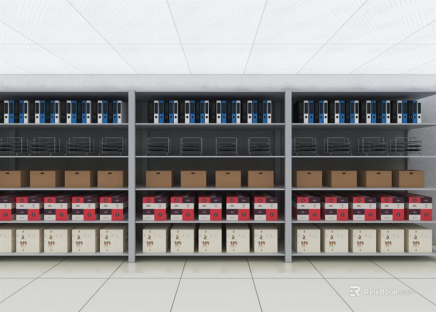 Metal Display Shelves With Multiple Tiers Organized Folders And Storage Boxes 3d model