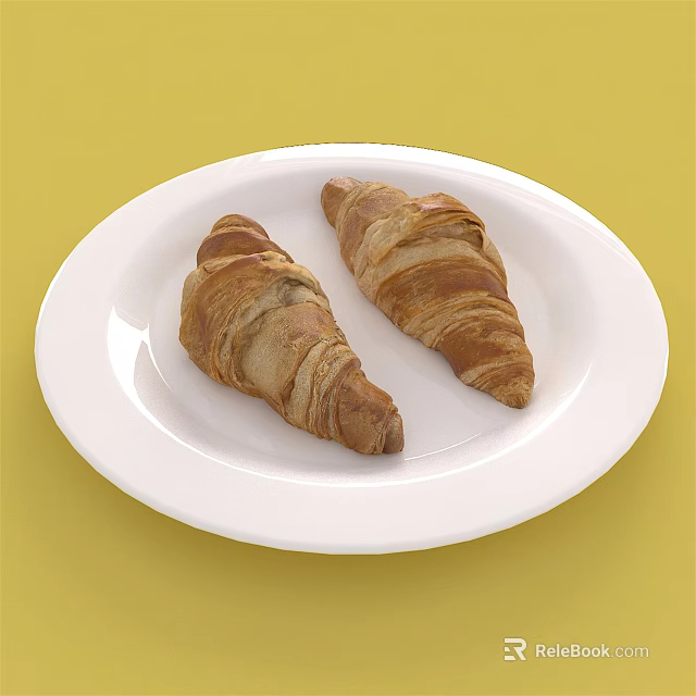 Two Delicious Flaky Croissants Placed On White Plate With Yellow Background 3d model 