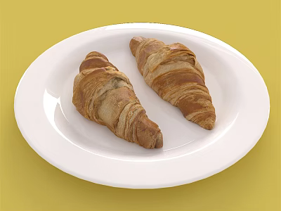 Two Delicious Flaky Croissants Placed On White Plate With Yellow Background 3d model
