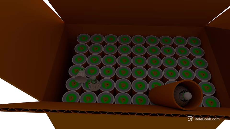 Open Brown Cardboard Box With Neatly Arranged Green Circular Badminton Sports Equipment Bases 3d model 