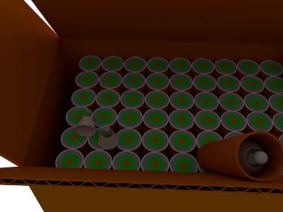 Open Brown Cardboard Box With Neatly Arranged Green Circular Badminton Sports Equipment Bases 3d model