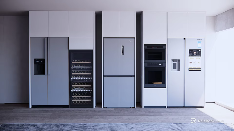 Built in Refrigerators and Freezers in Modern Kitchen with Light Gray Cabinetry Design 3d model 