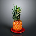 Ripe Fresh Pineapple Placed On Red Plate Against Dark Background Surface