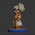 3D Game Character With Grey Bun Hairstyle Green Eyes Golden Brown Armor On Blue Base