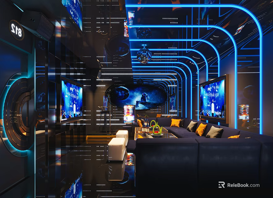 Hi Tech KTV Lounge Interior With Neon Lights Multiple TV Screens And Comfortable Sofas 3d model