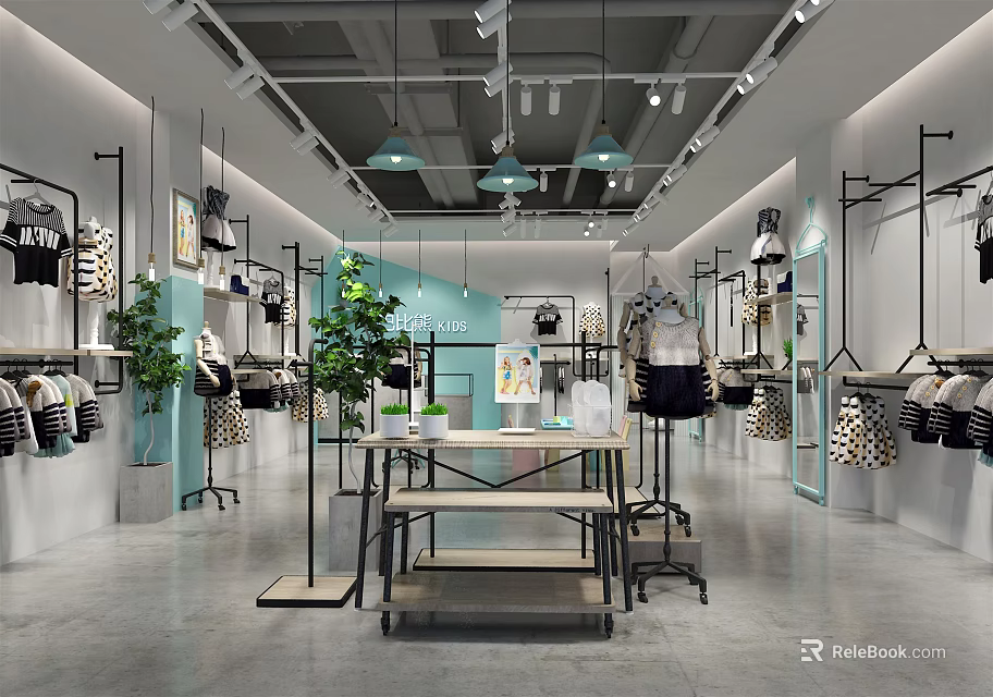 Modern Clothing Store Interior With Clothes On Racks Green Plants And Display Tables 3d model 