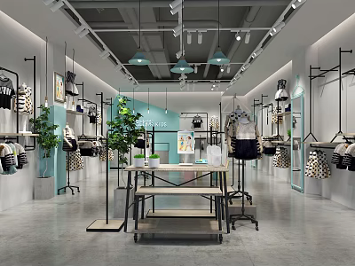 Modern Clothing Store Interior With Clothes On Racks Green Plants And Display Tables 3d model