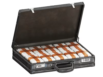 Open Black Leather Suitcase With Neatly Arranged Gold Bars Wrapped In Orange And White 3d model