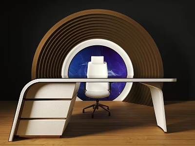 Modern Office Desk With Curved White Surface Round Wooden Backdrop Purple Blue Background And Chair 3d model