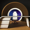 Modern Office Desk With Curved White Surface Round Wooden Backdrop Purple Blue Background And Chair