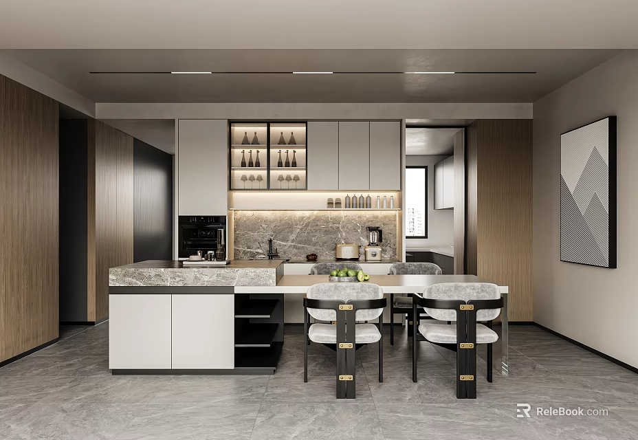 Modern Sleek Kitchen Interior Design With Marble Island Cabinets And Dining Chairs 3d model 