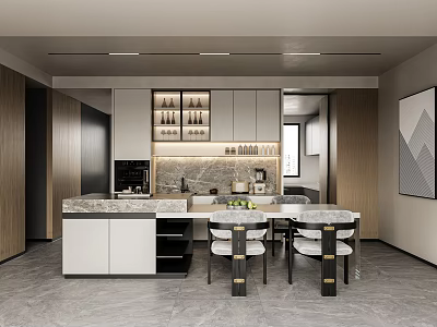 Modern Sleek Kitchen Interior Design With Marble Island Cabinets And Dining Chairs 3d model
