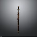 Decorative Vintage Sword With Wooden Scabbard Ornate Metal Hilt And Carved Details