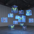 Transparent Cubes With Colorful Butterfly Patterns Hanging In Gallery Exhibition Space