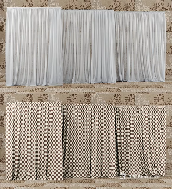 Sheer Linen White Curtains And Patterned Cotton Beige Curtains For Stylish Home Decor 3d model 