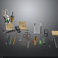Office Stationery Collection With Scissors Pencils Stapler Paper Clips And Sticky Notes