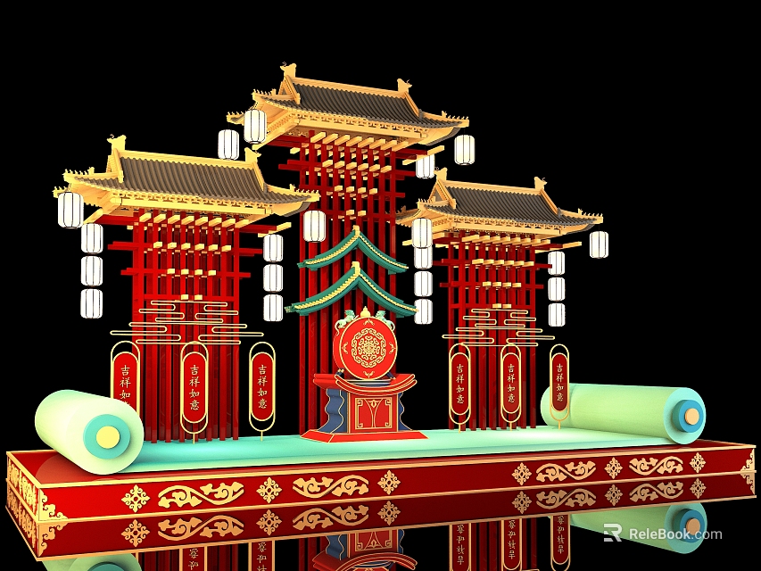 Traditional Chinese Photo Check In Spot With Red Archway Golden Decorations Hanging Lanterns And Scrolls 3d model 