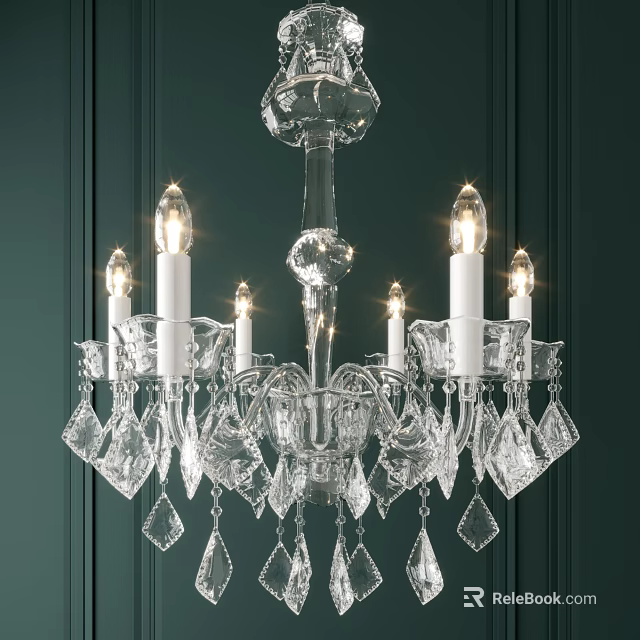 Elegant Crystal Chandelier With Candle Style Bulbs Against Dark Green Wall Background 3d model 