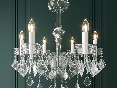 Elegant Crystal Chandelier With Candle Style Bulbs Against Dark Green Wall Background 3d model