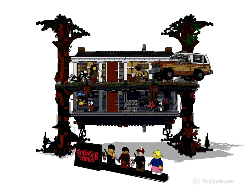 Stranger Things Building Blocks with Two Story Structure House Truck Mini Figures Sign and Trees 3d model 