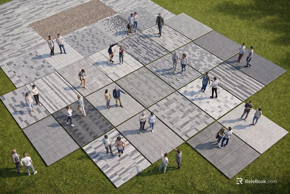 Outdoor Paved Ground With Various Patterned Tiles And People Walking On Surrounding Grass 3d model 
