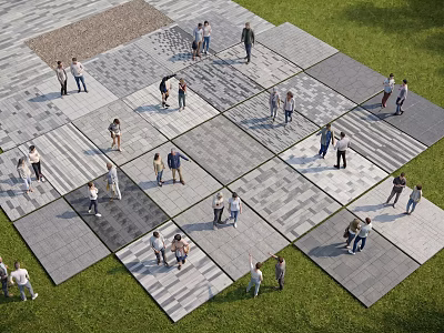 Outdoor Paved Ground With Various Patterned Tiles And People Walking On Surrounding Grass 3d model