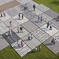 Outdoor Paved Ground With Various Patterned Tiles And People Walking On Surrounding Grass