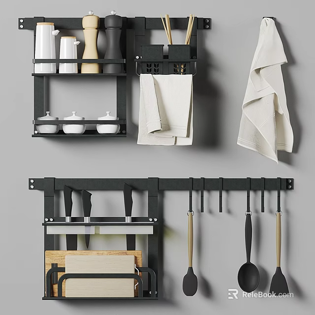 Wall Mounted Kitchen Utensils Rack With Knives Spoons Cups And Towels Organizer 3d model 