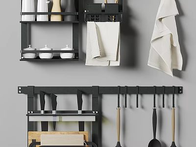 Wall Mounted Kitchen Utensils Rack With Knives Spoons Cups And Towels Organizer 3d model