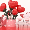 Romantic Valentine's Day Scene with Red Heart Shaped Balloons Mailbox Gift Boxes and Bench