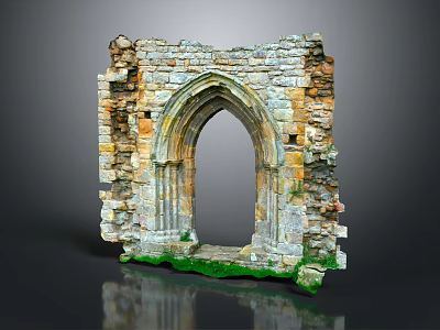 Ancient Stone Entrance Gate Featuring Gothic Arch Ruined Structure Weathered Bricks and Mossy Base 3d model
