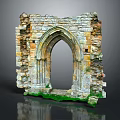 Ancient Stone Entrance Gate Featuring Gothic Arch Ruined Structure Weathered Bricks and Mossy Base
