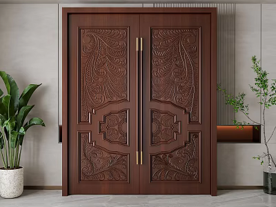 Wooden Double Doors With Intricate Carved Patterns In Modern Interior With Plants 3d model