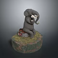 Gray Elephant Sculpture On Round Base With Grass Red Object Holding Cup With Trunk 3d model
