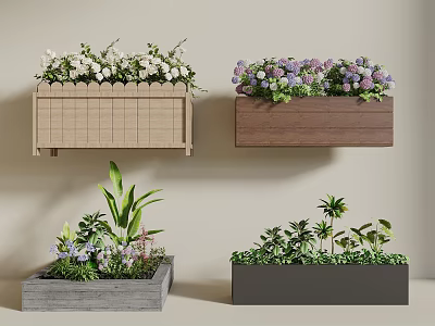 Hanging and Potted Plant Combination with Wooden Boxes Gray Planters and Colorful Blooms 3d model